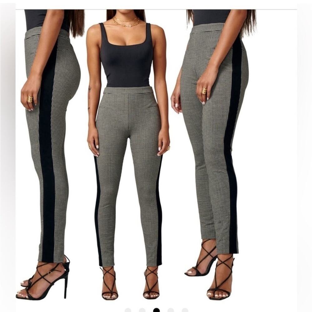 High-Waist Houndstooth Skinny Pants with Side Stripe - Black/White - Picture 2 of 6